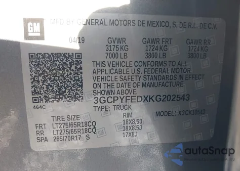 2019 Chevrolet Silverado 1500 Lt Trail Boss из США, поврежденный, VIN 3GCPYFEDXKG202543